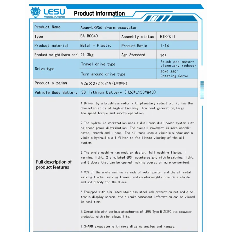 RC excavator Lesu L956 3-arm 1:14