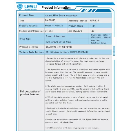 RC excavator Lesu LR956 3-arm 1:14