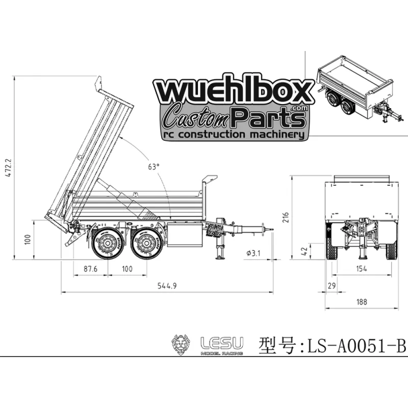 Lesu 1:14 tandem tipping trailer 51-B