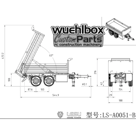 Lesu 1:14 tandem tipping trailer 51-B