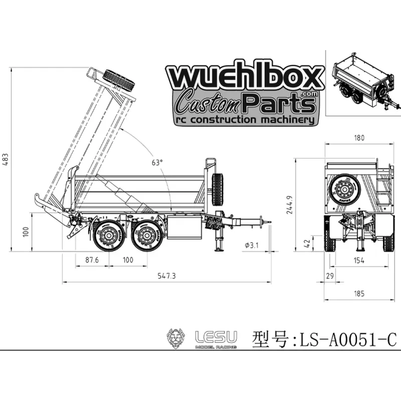 Lesu 1:14 tandem tipping trailer 51-C