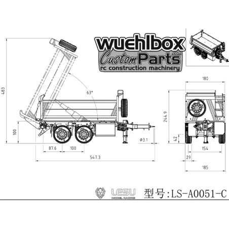 Lesu 1:14 tandem tipping trailer 51-C