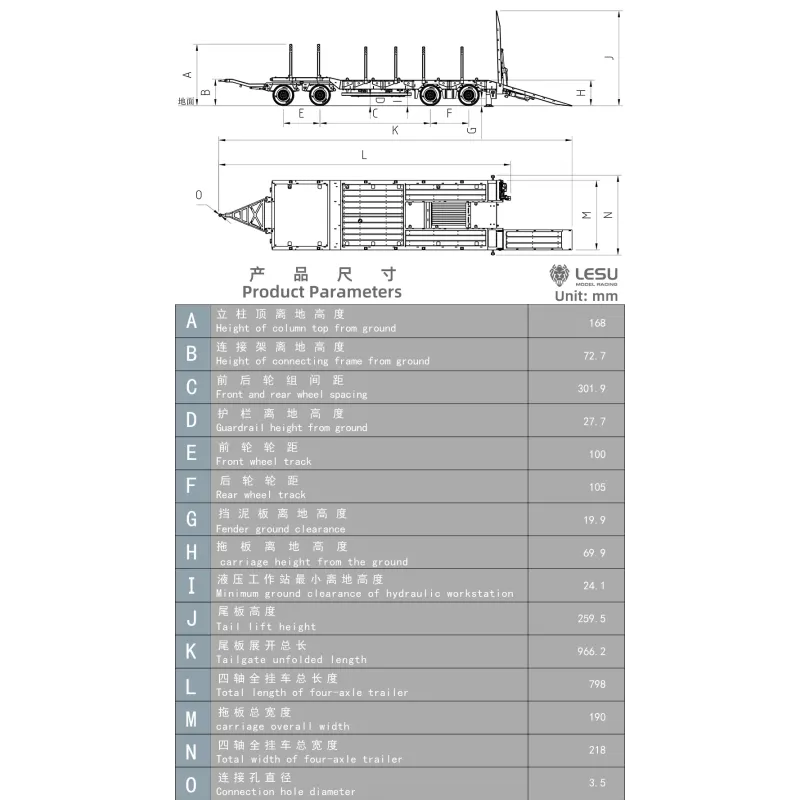 Lesu 1/14 low loader trailer 4-axle hydraulic