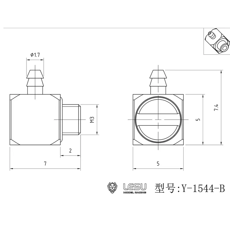 Lesu plug nipple 90° M3 thread, 1.7 mm nipple