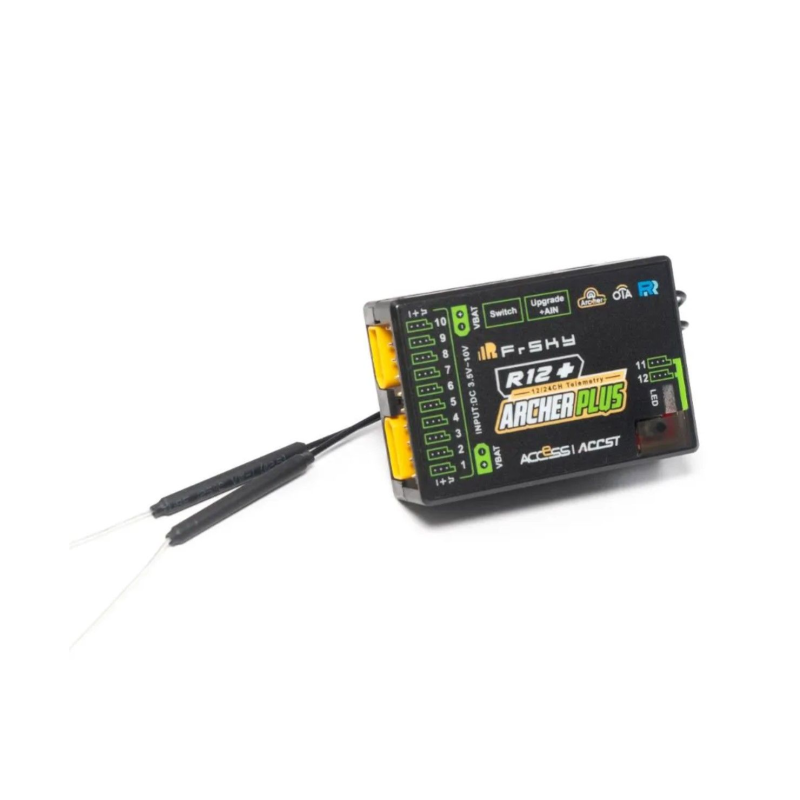 FrSky ARCHER PLUS R12+, 12 konfigurierbare Kanalports*, jeder Kanalport kann als PWM, SBUS, FBUS oder S.Port zugewiesen werden.