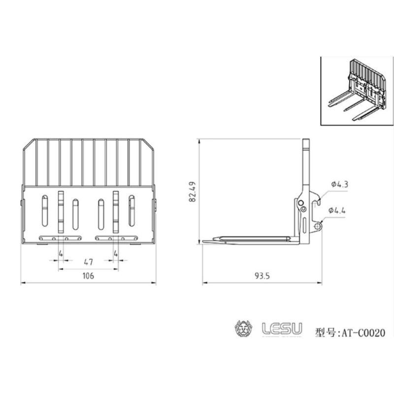 Lesu metal fork for skid steer loaders and wheel loaders 1:14